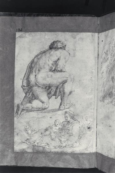 Figura maschile inginocchiata; Madonna con il Bambino e angeli