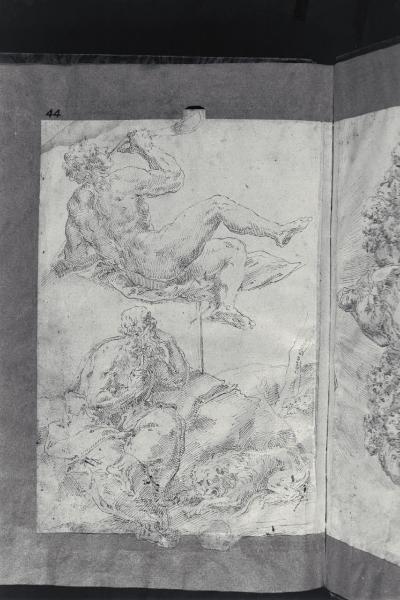 Figura maschile distesa con un corno alla bocca; san Girolamo