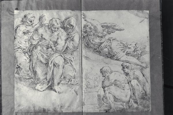 Angelo in volo; due figure inginocchiate presso un'ara