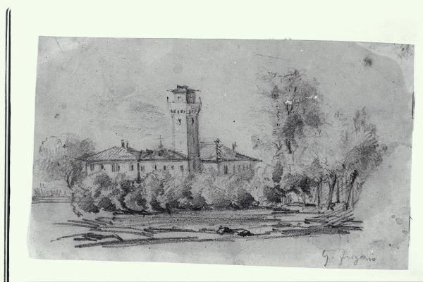 Paesaggio alberato con case e torre di un castello