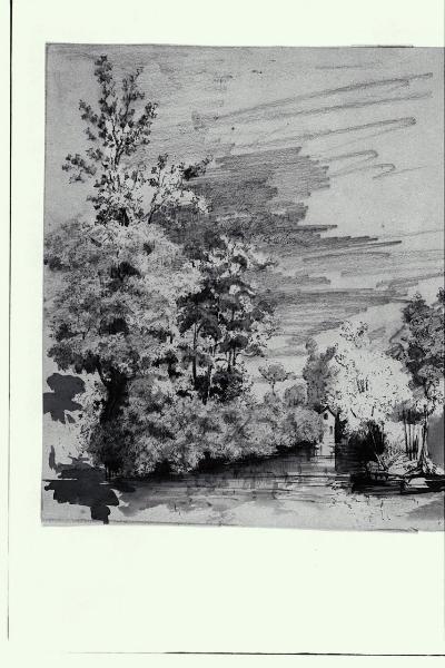 Paesaggio alberato con corso d'acqua e casolare
