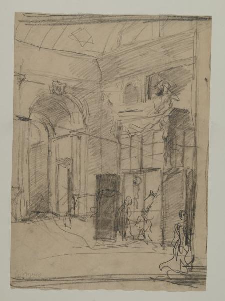 Schizzo dell'interno di una chiesa con figure abbozzate