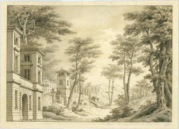 Paesaggio alberato con edificio (bozzetto per la scenografia de La famiglia svizzera)