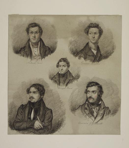 Cinque ritratti a mezzo busto: Antonio Caimi, Girolamo Viscardini, Giuseppe Barni, Guido Buffi, Domenico Guglielmetti