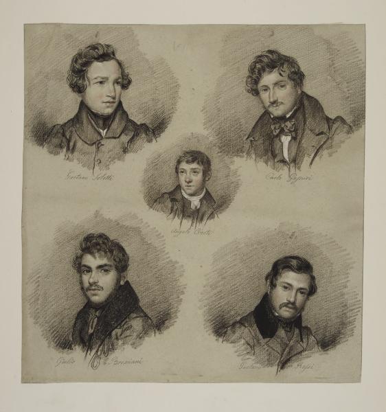 Cinque ritratti a mezzo busto: Gaetano Soletti, Carlo Gassuri, Angelo Crosti, Giulio Bresciani, Gaetano Rossi