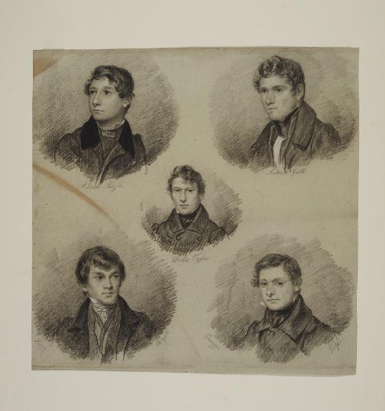Cinque ritratti a mezzo busto: Andrea Ponzio, Antonio Galli, Delio Tessa, Luigi Bigalli, Giuseppe Gelpi