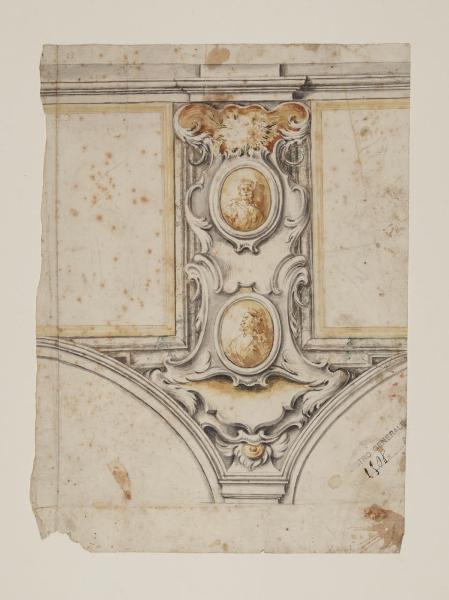 Particolari per la decorazione del Duomo di Monza: particolare architettonico con archi ornati e mezze figure entro medaglioni ovali