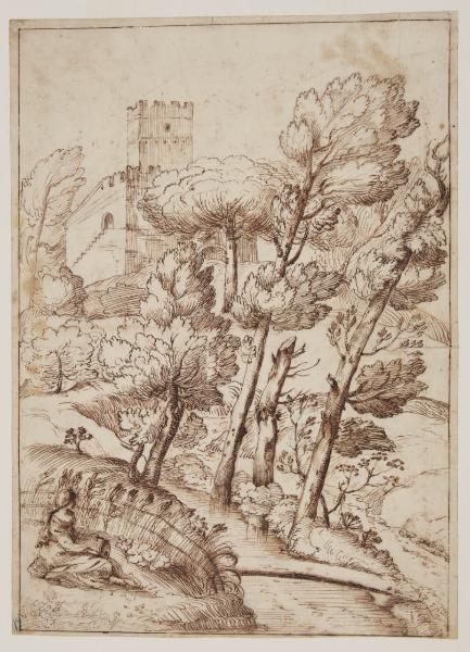 Paesaggio con castello e figura femminile seduta