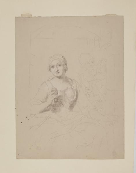 Figura femminile con un bicchiere e studio per gruppo promiscuo con figura maschile e femminile