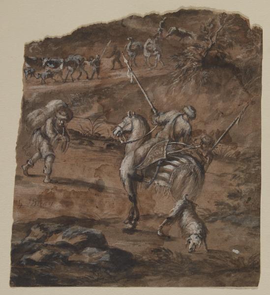Paesaggio orientale con carovana e armati di scorta