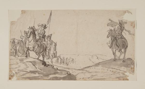 Paesaggio collinoso con cavalieri