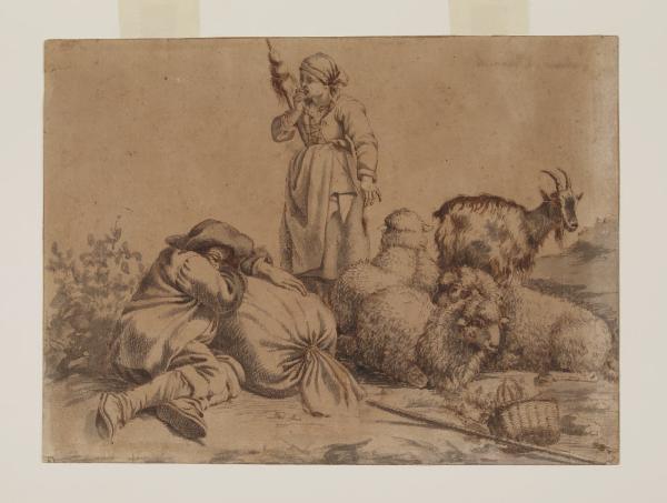 Contadini, pecore, capre (Pastore addormentato e filatrice in piedi)