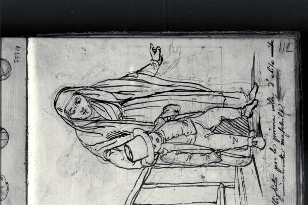 Autoritratto dell'artista da bambino con la madre a fianco di una scala