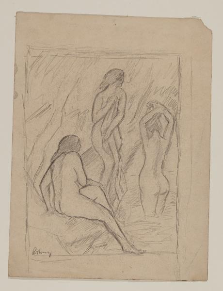 Donne nude che si bagnano in un corso d'acqua