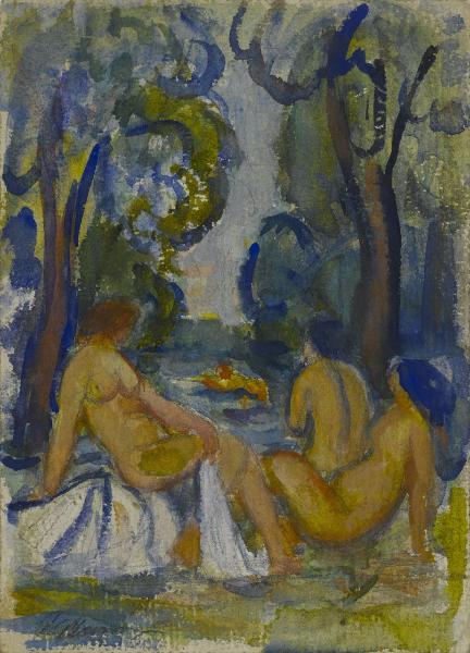 Paesaggio alberato con figure femminili nude, distese e sedute sull'erba, presso un corso d'acqua