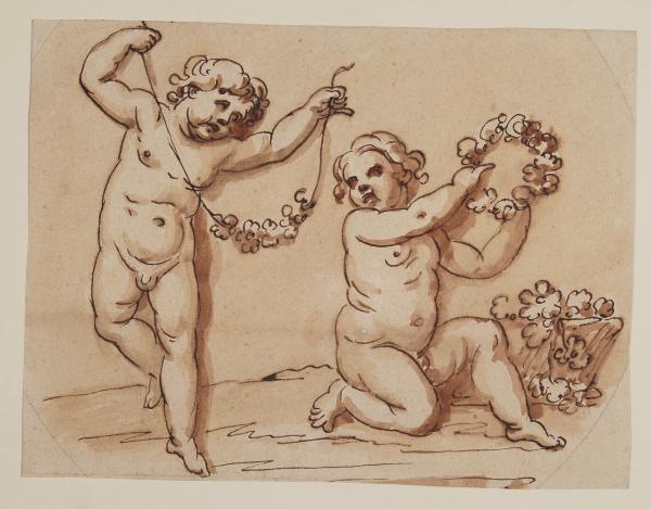 Due putti con un festone e una corona