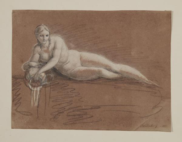 Donna nuda giacente che versa acqua da un'anfora