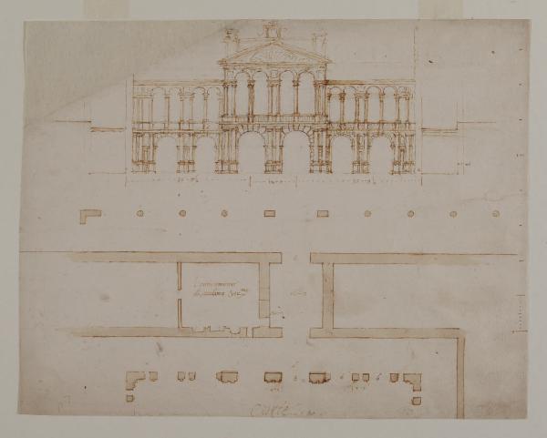 Cortile per giostre nel Palazzo Ducale di Mantova, prospetto del lato corto e pianta parziale