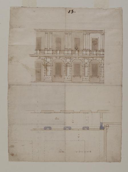 Particolare della pianta e della facciata di un palazzo con portico e loggiato