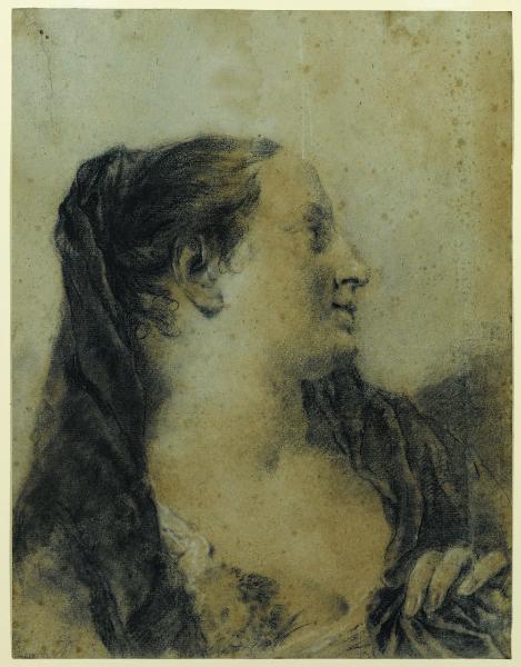 Busto di giovane donna con zendale, di profilo