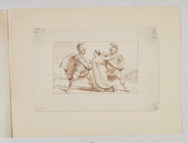 Lotta tra due guerrieri in abiti classici antichi, separati da una giovane donna
