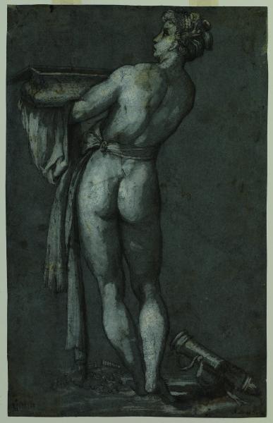 Figura femminile nuda di spalle con scrigno e faretra