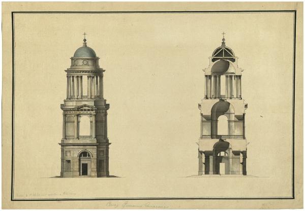Campanile della chiesa di Nostra Signora di Vladimir a San Pietroburgo. Prospetto e sezione