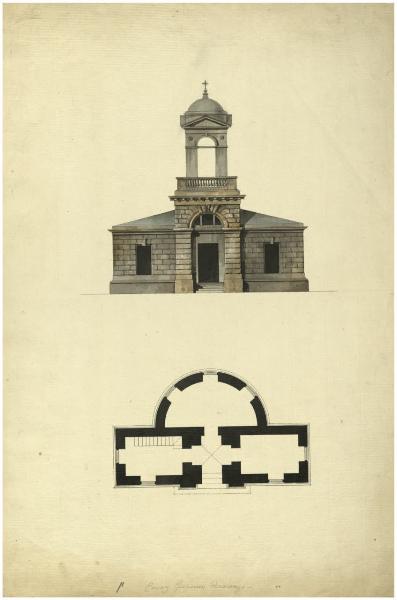 Campanile nel cimitero di Kazan' a Sofja (Carskoe Selo). Prospetto e pianta