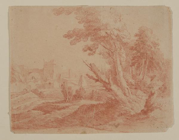 Paesaggio con paese e rovine di un castello