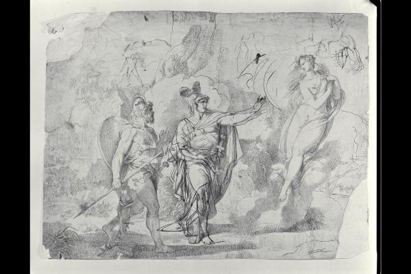 Scena di soggetto mitologico con due guerrieri e una figura femminile in volo tra le nubi