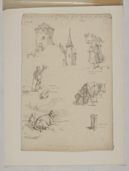 Diversi schizzi di figure campestri, di animali e di un castello