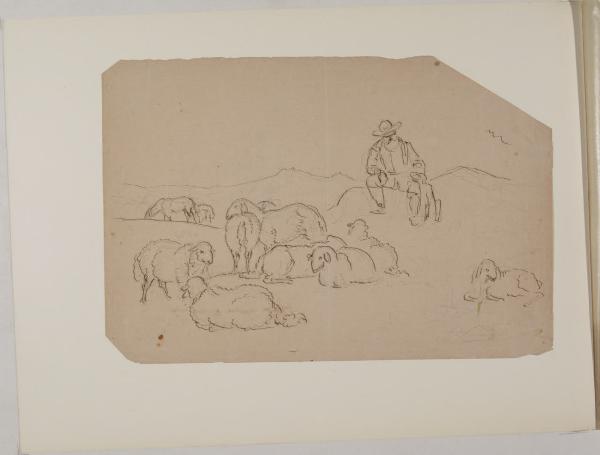 Paesaggio con pastore e gregge di pecore