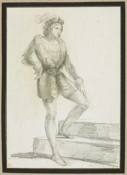 Figura di paggio ai piedi di una scalinata