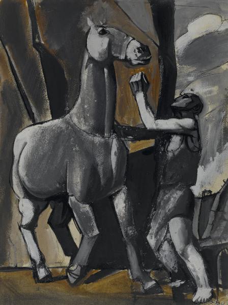 Composizione: Uomo in atto di trattenere un cavallo
