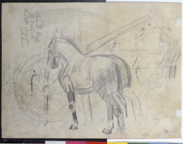 Schizzi di un cavallo, un carro e una testa