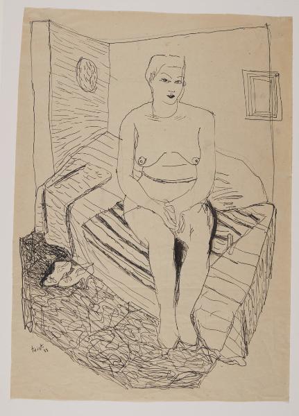 Studio di giovane nuda seduta su un letto