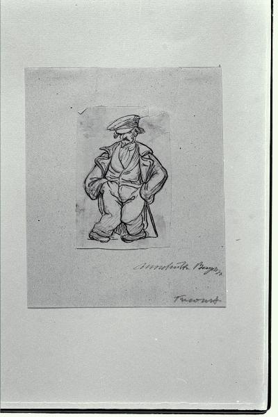 Macchietta bergamasca: figura caricaturale di uomo con cappello e abiti larghi