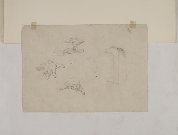 Tre studi di mani e dettaglio architettonico di nicchia con ritratto in un tondo