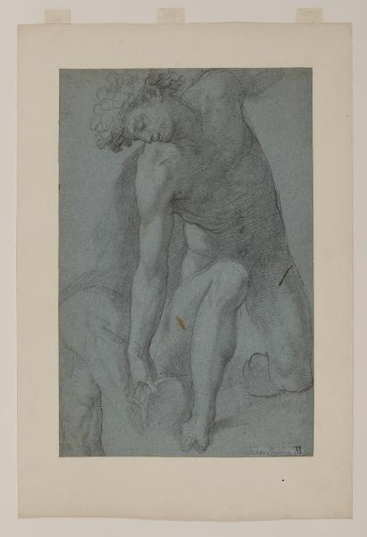 Figura virile nuda inginocchiata con ciotola e altri schizzi