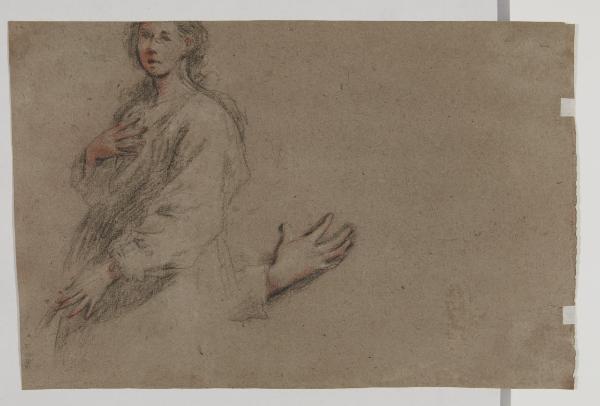Figura femminile con la mano sinistra al petto e dettaglio di mano
