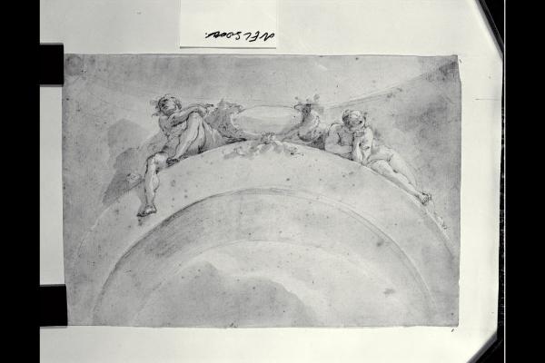 Due figure nude, una femminile distesa e una maschile seduta, sopra un arco con cornucopie (Particolari decorativi per interni di sale)