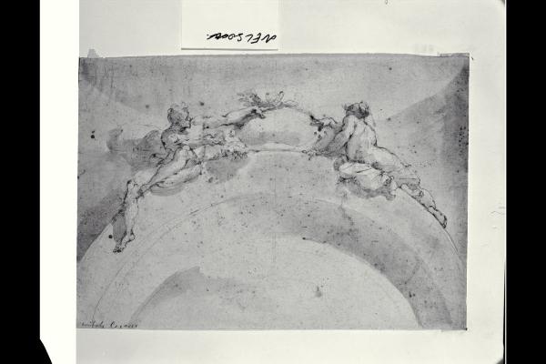 Due figure nude, una maschile e una femminile, sedute sopra un arco in atto di indicare il centro (Particolari decorativi per interni di sale)