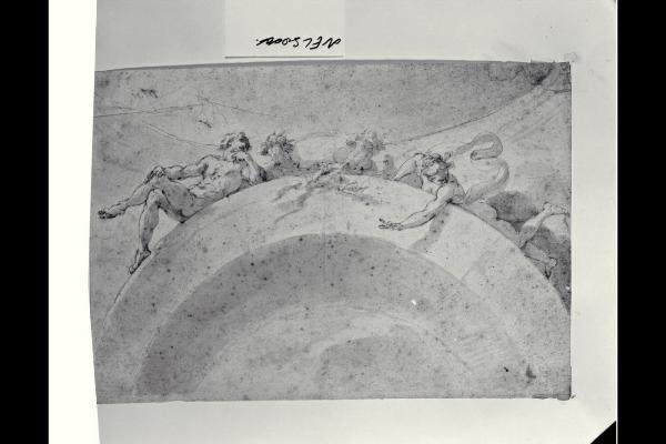 Due figure nude, una figura femminile e una maschile, distese sopra un arco con cornucopie intrecciate (particolari decorativi allegorici per interni di sale)