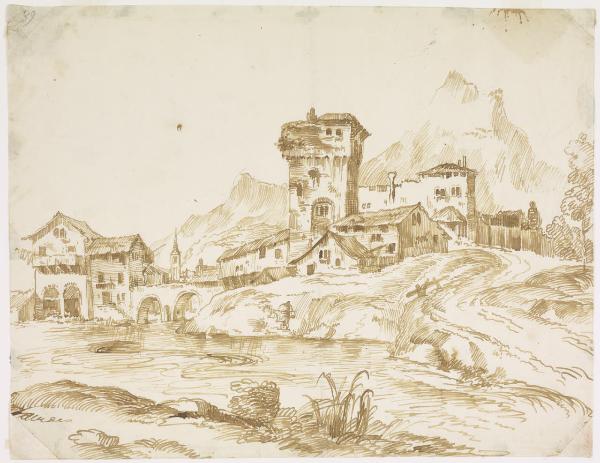 Paesaggio con torre e casolari in riva a un fiume