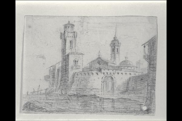 Chiesa con campanile e torre sulla laguna