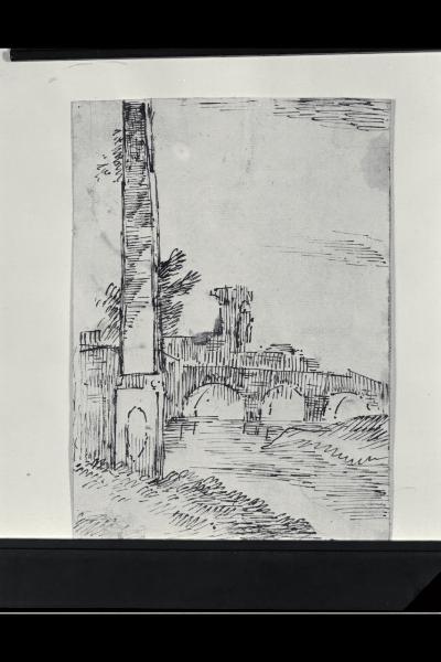 Paesaggio con rovine ed un ponte sopra un fiume