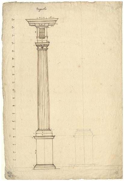 Colonna di ordine dorico, scanalata con plinto, capitello e cornice