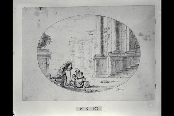 Particolare di un palazzo e piazza con figurette