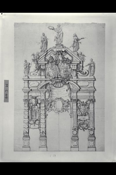 Prospetto di un arco adorno di statue e di stemmi cardinalizi e papali