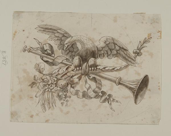 Aquila con cornucopia, tromba e nastri